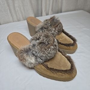 Coach Kaela Suede Leather Slip On Wedge Shoe Faux Fur Trim 9B